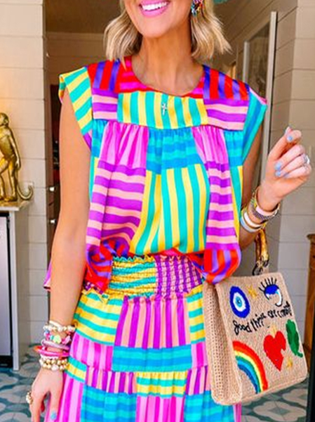 

Vacation Plain Crew Neck Blouse, As picture, Blouses and Shirts
