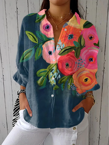 

Women Floral Three Quarter Sleeve Shirt Spring/Fall Printing Shirt Collar Daily Casual Top, Purplish blue, Shirts