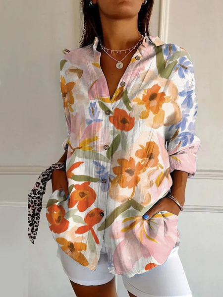

Women Floral Long Sleeve Shirt Spring/Fall Buckle Shirt Collar Daily Casual Top, As picture, Shirts