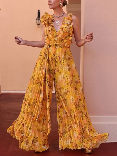 

Vacation Printing Floral V Neck Tank Jumpsuit, As picture, Jumpsuits