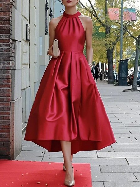 

Elegant Satin Plain Halter Midi Dress, Red, Maxi Dresses