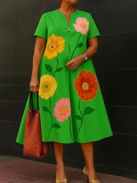 

Casual Floral Printing Notched Loosen Midi Dress, Green, Midi Dresses