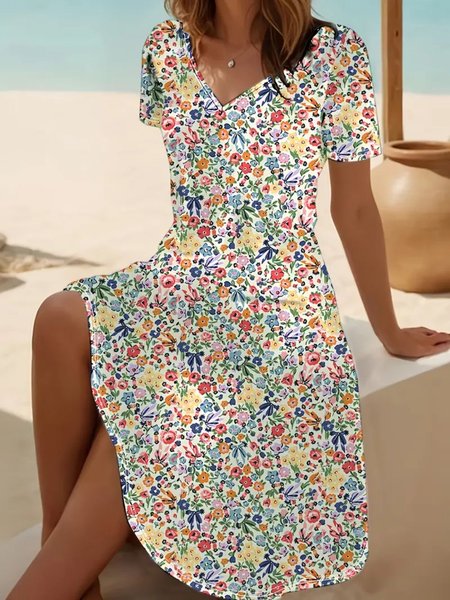 

Women Floral V Neck Short Sleeve Comfy Casual Midi Dress, Pink, Dresses