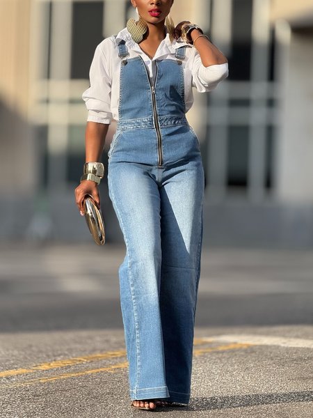 

Casual Denim Bib Pants, Denim blue, Jumpsuits