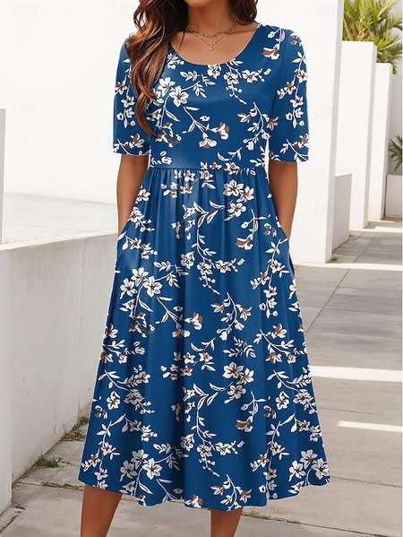 

Women Floral Crew Neck Short Sleeve Comfy Casual Maxi Dress, As picture, Dresses