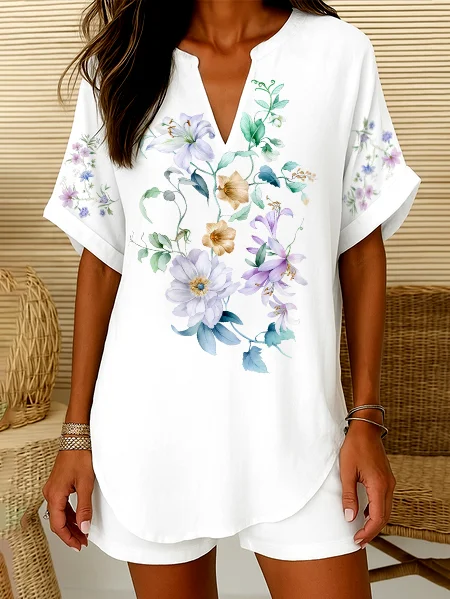 

V Neck Short Sleeve Floral Regular Micro-Elasticity Regular Fit Shirt For Women, White, Shirts
