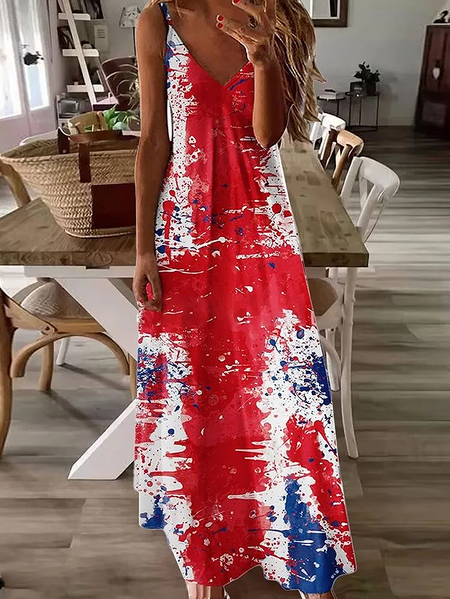 

Women Independence Day (Flag) Sleeveless Summer Printing Dress V Neck Daily Casual Maxi Slip Dress X-Line Dress, Red, Casual Dresses