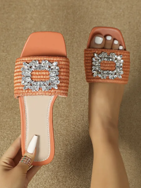 

Weaving Material Casual Summer Color Block Espadrille Flats, Orange, Slippers