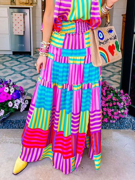 

Vacation Printing Color Block Maxi Skirt, As picture, Skirts