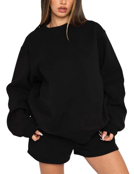 

Women Plain Two-Piece Set Daily Long Sleeve Casual Spring/Fall Top With Pants Matching Set, Black, Suit Set