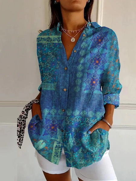 

Women Floral Long Sleeve Shirt Spring/Fall Buckle Shirt Collar Daily Casual Top, Blue, Shirts