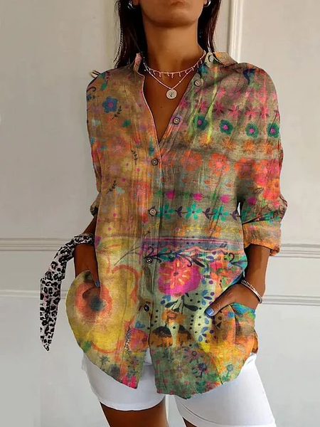 

Women Floral Long Sleeve Shirt Spring/Fall Buckle Shirt Collar Daily Casual Top, As picture, Shirts