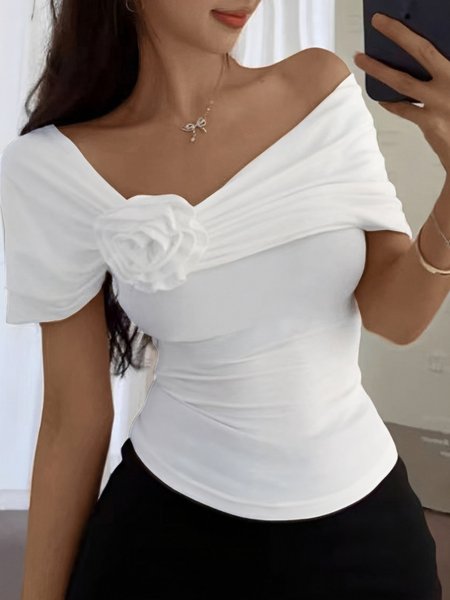 

Elegant Plain Asymmetrical Off Shoulder Sleeve T-shirt, White, Tees