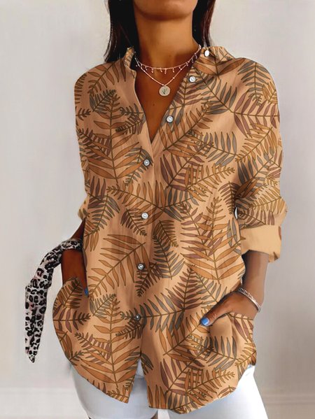 

V Neck Long Sleeve Geometric Regular Micro-Elasticity Regular Fit Shirt For Women, Khaki, Shirts