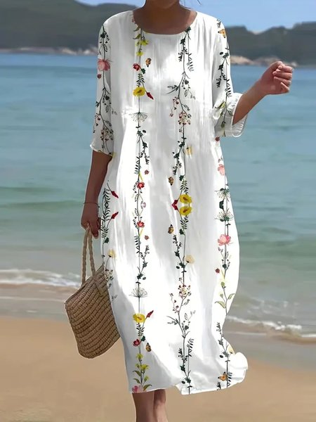

Women Floral Crew Neck Short Sleeve Comfy Casual Maxi Dress, White, Dresses