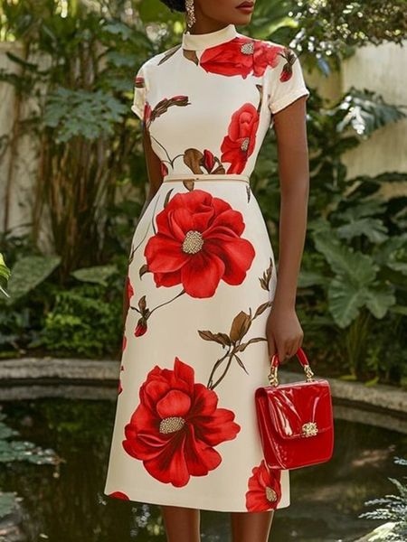 

Urban Floral Printing Midi Dress With Belt, Red, Midi Dresses