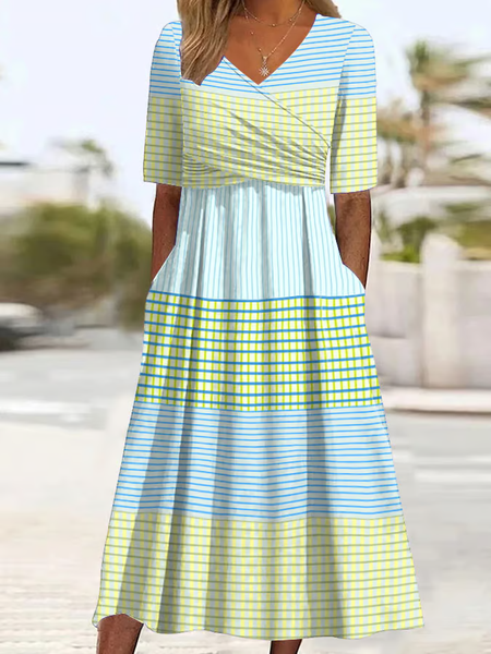 

Women Striped V Neck Short Sleeve Comfy Casual Printing Maxi Dress, As picture, Dresses