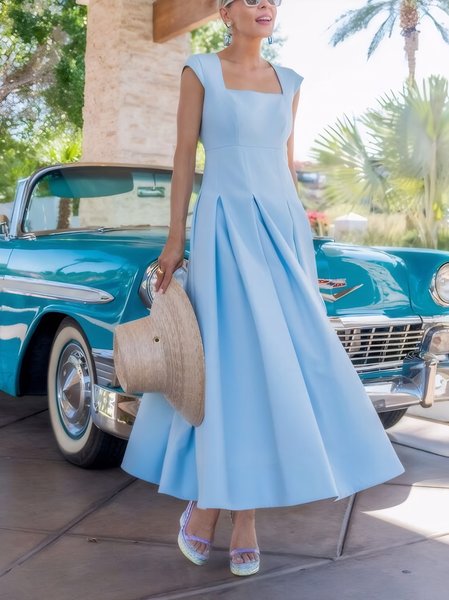 

Urban Plain Square Neck Maxi Dress No Belt, Blue, Maxi Dresses
