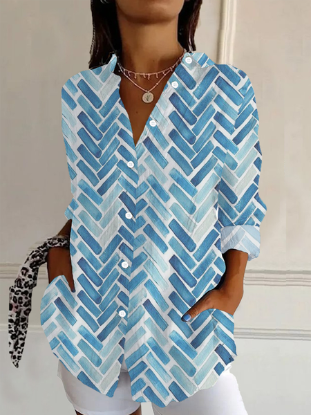 

Women Geometric Long Sleeve Shirt Spring/Fall Buckle Shirt Collar Daily Casual Top, Blue, Shirts