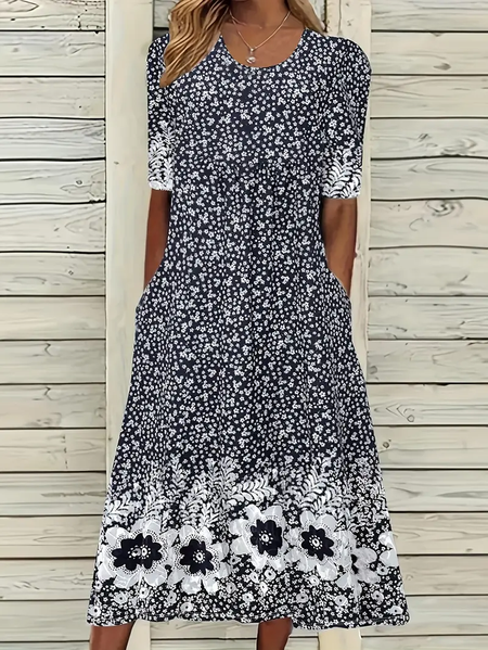

Women Floral Short Sleeve Summer Printing Dress Crew Neck Daily Casual Maxi Shift Dress H-Line Dress, Black, Casual Dresses