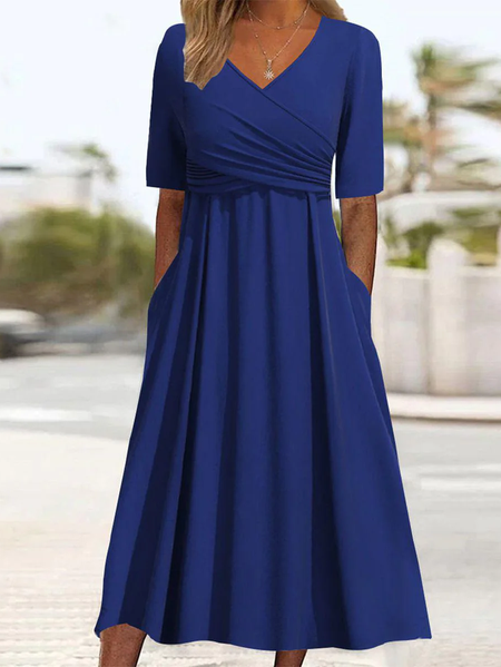 

Women Plain Short Sleeve Summer Printing Dress V Neck Daily Casual Maxi A-Line Dress, Blue, Casual Dresses