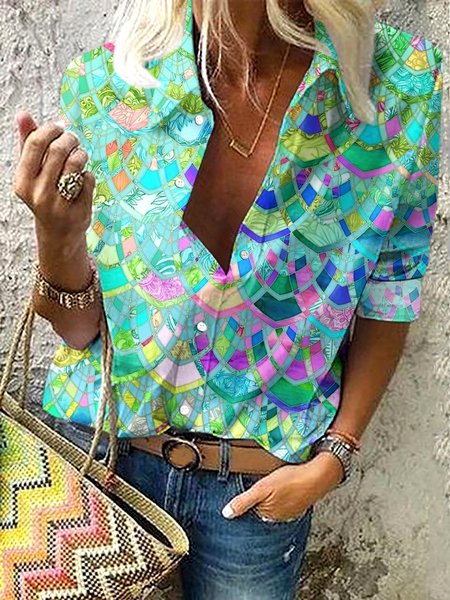 

V Neck Long Sleeve Geometric Regular Micro-Elasticity Regular Fit Shirt For Women, Lightgreen, Shirts