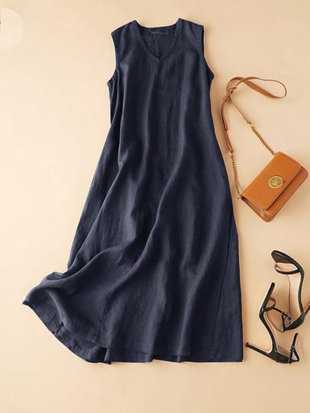 

Cotton Dress Women Summer V-neck Sleeveless, Purplish blue, Midi Dresses