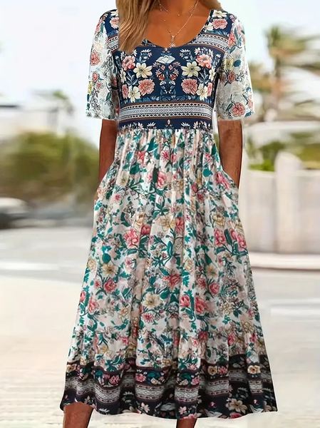

Women Floral Short Sleeve Summer Printing Dress Crew Neck Daily Casual Maxi Shift Dress H-Line Dress, As picture, Casual Dresses