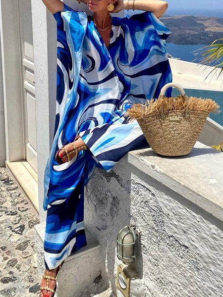 

Vacation Raglan Sleeves Abstract Graphic Printing V Neck Kimono, Blue, Kimonos