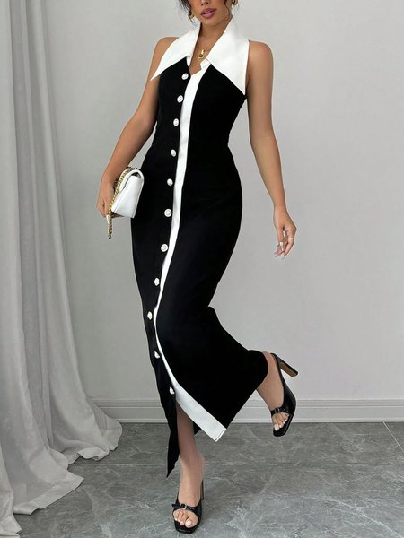 

Urban Color Block Split Joint Shawl Collar Maxi Dress, Black-white, Maxi Dresses