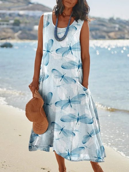 

Blue Dragonfly Print Womens Pocket Pinafore Linen Dress, Maxi Dresses
