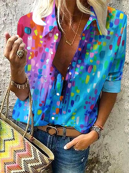 

V Neck Long Sleeve Geometric Regular Micro-Elasticity Regular Fit Shirt For Women, Blue, Shirts