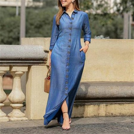 

Women Plain Long Sleeve Spring/Fall Dress Stand Collar Daily Casual Maxi Shirt Dress H-Line Dress, Blue, Dresses