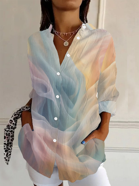 

Women Ombre Long Sleeve Shirt Spring/Fall Buckle Shirt Collar Daily Casual Top, As picture, Shirts
