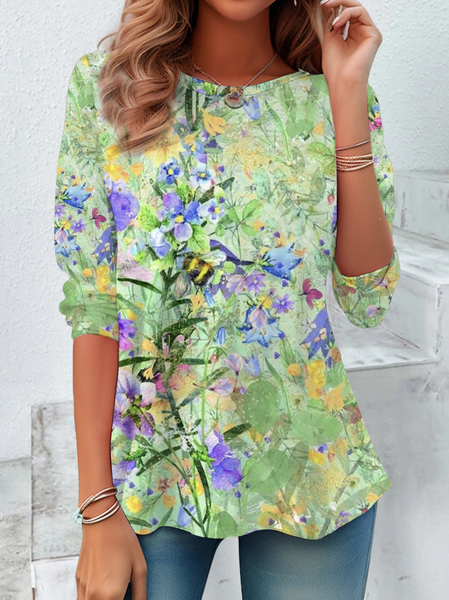 

Women Floral Long Sleeve Tee T-shirt Crew Neck Printing Casual Spring/Fall Graphic Tee Top, Green, T-Shirts