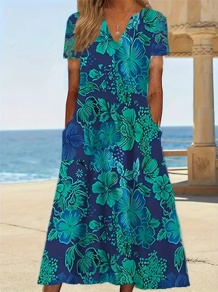 

Women Floral Short Sleeve Summer Printing Dress V Neck Daily Casual Maxi Fit & Flare Dress H-Line Dress, Cyan, Casual Dresses