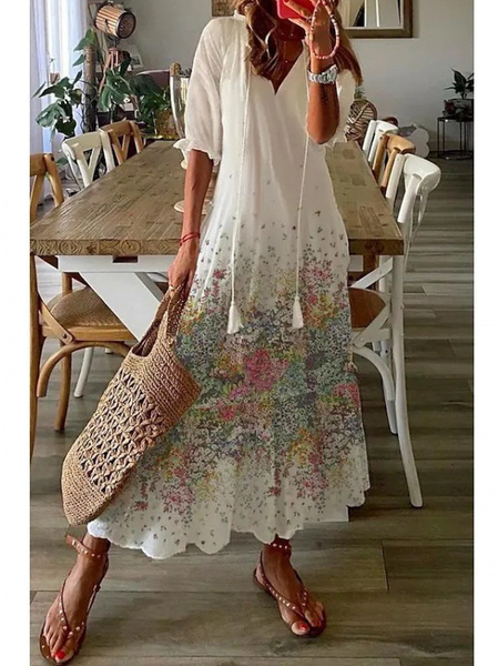 

Women Geometric Half Sleeve Summer Dress V Neck Daily Casual Maxi Shirt Dress A-Line Dress, As picture, Dresses