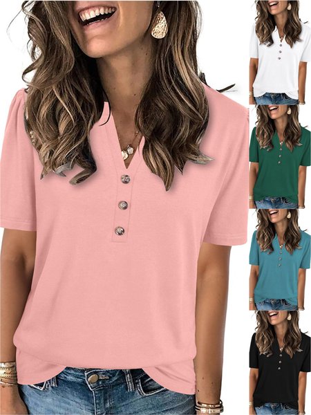 

Women Plain Short Sleeve Tee T-shirt V Neck Casual Summer Top, Pink, T-Shirts