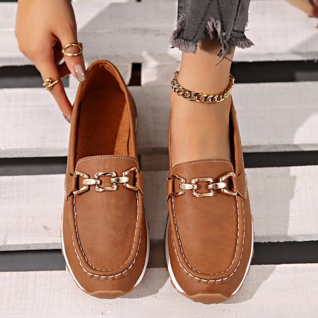 

Ladies New Style Metal Chain Flat Thick Sole Casual Loafers Flat Shoes, Brown, Loafers