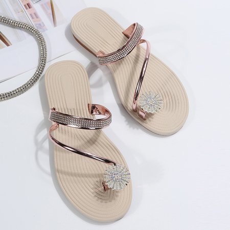 

Large Size Women's Toe Sandals Summer New European And American Women's Beach Sandals Rhinestone Flower Flat Slippers, Rose gold, Shoes