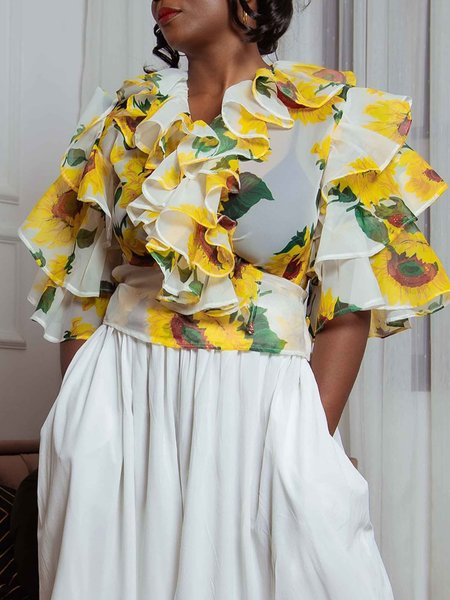 

Vacation Floral V Neck Ruffle Sleeve Blouse, Yellow, Blouses and Shirts