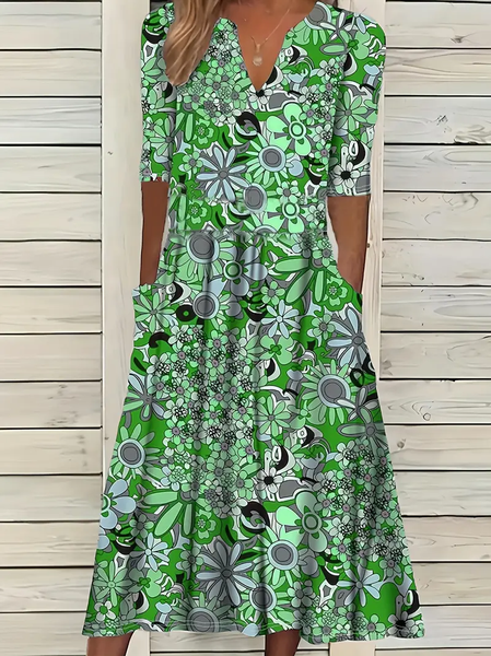 

Women Floral Short Sleeve Summer Printing Dress V Neck Daily Casual Maxi Fit & Flare Dress H-Line Dress, Green, Casual Dresses