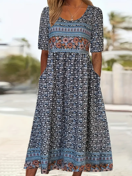

Women Floral Short Sleeve Summer Printing Dress Crew Neck Daily Casual Maxi Shift Dress H-Line Dress, Purplish blue, Casual Dresses