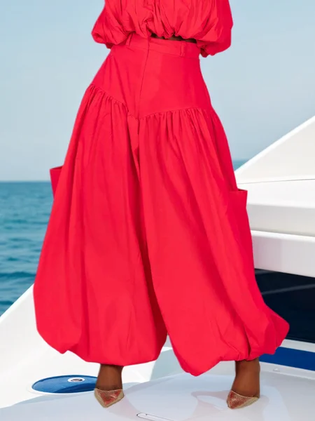 

Vacation Plain Loose Bloomers Pants, Red, Pants