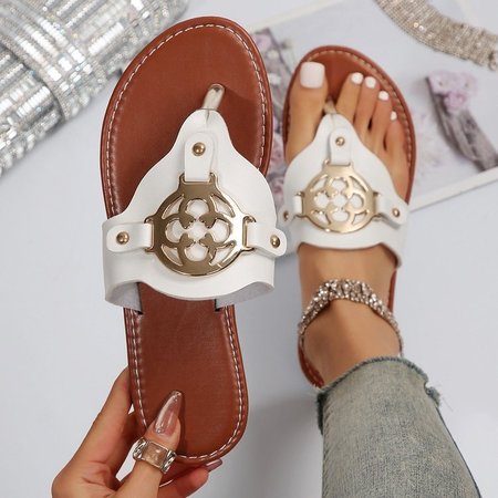 

Ladies Spot Flip Flops Pu Shoes Metal Buckle Sandals Hardware Buckle Summer Flat Slippers, White, Shoes