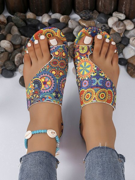 

Ethnic Retro Flat Toe Slippers 2025 Summer New Breathable Printed Roman Style Slippers, Purple, Shoes
