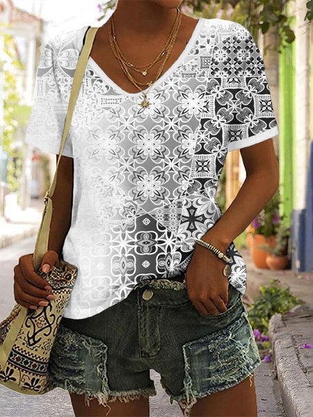 

Casual Floral V Neck Short Sleeve T-shirt, White, T-shirts