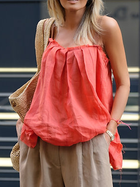 

Cotton And Linen Casual Plain Ruched Spaghetti Tank Top, Brick red, Tanks and Camis