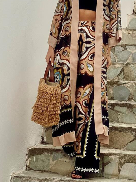 

Vacation Geometric Printing Wide Leg Pants, As picture, Pants