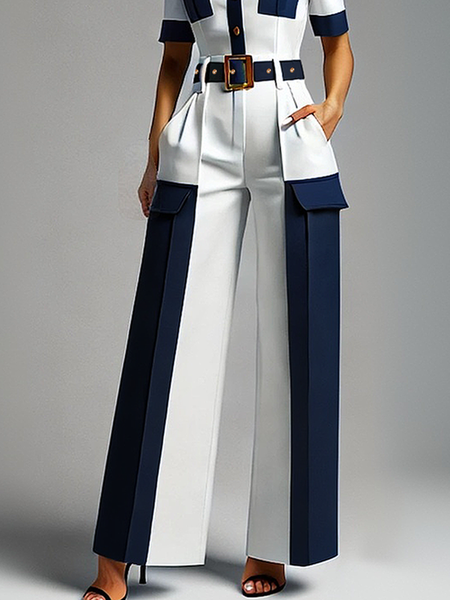 Urban Color Block Straight Pants With Belt, As picture, Pants